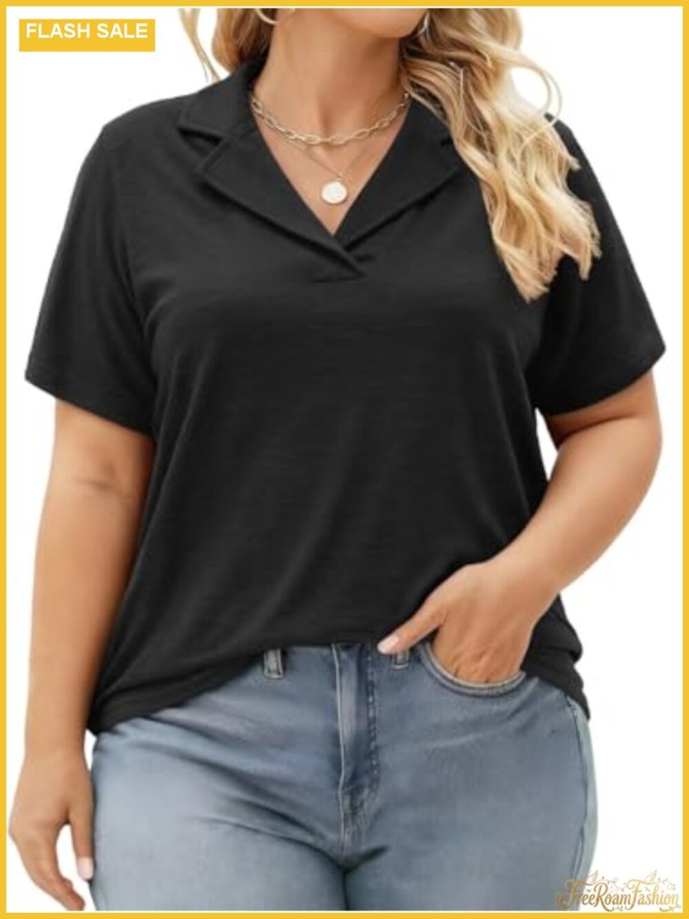 Plus Size Polo Shirt Collared V-Neck Short Sleeve Loose Fit Casual Top